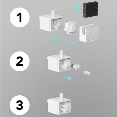 Sæt med hvide filterindsatser med central åbning og sorte skumplader, egnet til vandfilter eller lignende anvendelser.
