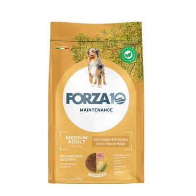 FORZA10 Maintenance Medium Adult hondenvoer, rijk aan kip met aardappel, 12 kg. Tekst: 'Pochi ingredienti selezionati', afbeelding van brokjes en ingrediënten zichtbaar op verpakking. FORZA10 Maintenance Medium Adult hondenvoer, rijk aan kip met aardappel, 12 kg. Tekst: 'Pochi ingredienti selezionati', afbeelding van brokjes en ingrediënten zichtbaar op verpakking.