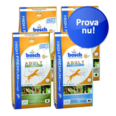 Fyra påsar Bosch High Premium Concept Adult hundfoder, varianter Geflügel & Dinkel och Fisch & Kartoffel, 15,0 kg. Blå cirkel med texten 'Prova nu!'.