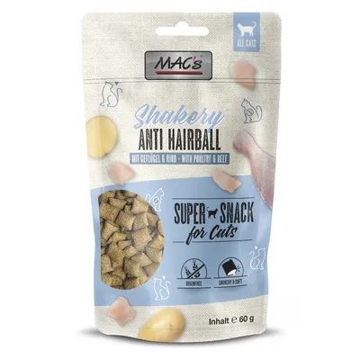MAC's Shakery Anti Hairball snack for cats, with poultry and beef, grain-free, 60g, crunchy & soft.