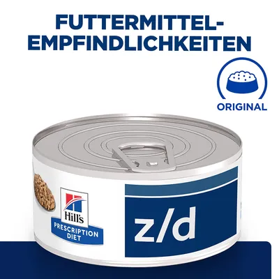 Hill's Prescription Diet z/d Nassfutter für Futtermittel-Empfindlichkeiten, Original. Abbildung einer Dose mit Produktnamen und Logo. Hill's Prescription Diet z/d Nassfutter für Futtermittel-Empfindlichkeiten, Original. Abbildung einer Dose mit Produktnamen und Logo.