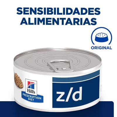 Lata de Hill's Prescription Diet z/d. Texto visible: 'Sensibilidades alimentarias', 'Original'. Imagen de comida húmeda en la etiqueta.