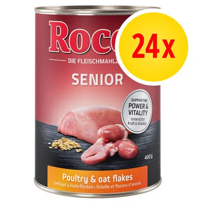 Rocco Senior hondenvoer, 24x400g blikken. Smaak: gevogelte & haverflocken. Tekst op blik: Supporting Power & Vitality. Productnaam en hoeveelheid duidelijk zichtbaar.