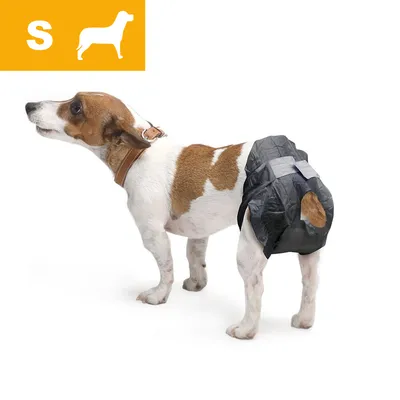 Hund med engångsblöja storlek S, svart färg, visas på kroppen. Symbol och bokstaven S i gul ruta uppe till vänster.