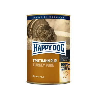 Happy Dog Truthahn Pur Turkey Pure -koiranruokapurkki, teksti: MADE IN GERMANY, Supreme Sensible, 100% tierisches protein, Dinde, Pavo. Kalkkunan kuva etiketissä.