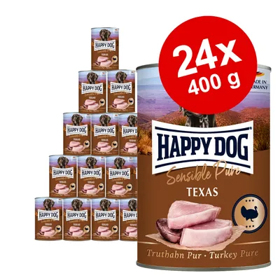 Happy Dog Sensible Pure Texas, ren kalkon. Förpackning med 24 burkar à 400 g. Tillverkad i Tyskland.