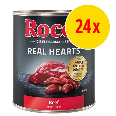 Rocco Real Hearts Beef, 800 g burk med texten 'with whole chicken hearts'. Gul cirkel med röd text: 24x. Bild på kött och hjärtan på etiketten.