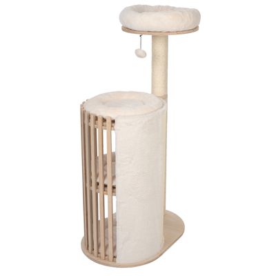 Krabpaal van hout met twee gevoerde ligvlakken, een hol met verticale houten spijlen en een speelbal op het bovenste platform.