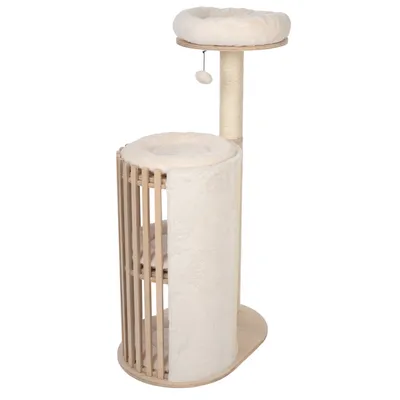 Arbre à chat beige avec griffoir en sisal, deux plateformes rembourrées, une niche cylindrique à barreaux en bois et un jouet suspendu en peluche.