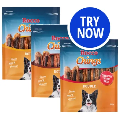 Three packs of Rocco Chings Double with visible strips inside, labelled 'Double meat & pleasure!' and 'Chicken with Beef'. Blue circle states 'Try Now'.