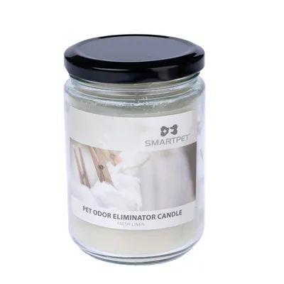 Smartpet Pet Odor Eliminator Candle, vůně Fresh Linen, skleněná nádoba s černým víčkem.