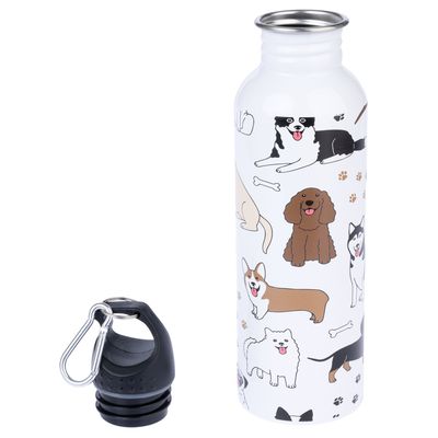 Бяла бутилка за пиене с кучешки мотиви и свалящ се черен капак с карабинер.
