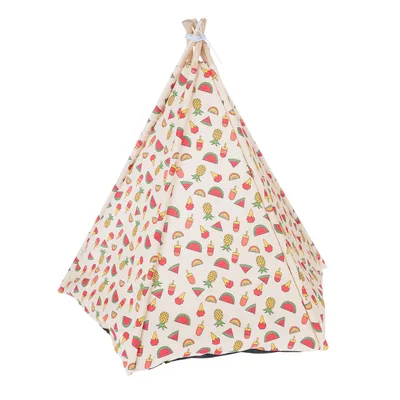 Tent-shaped pet bed with colourful fruit pattern featuring watermelons, pineapples and drinks. Wooden poles as frame.