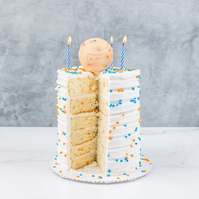 Torta bianca con tre candeline accese, granelli arancioni e blu e una palla gioco per cani come decorazione sopra. Una fetta è tagliata.