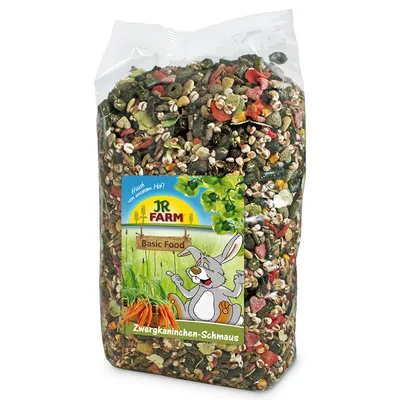 Påse med JR Farm Basic Food, synlig text: 'Zwergkaninchen-Schmaus'. Blandning av olika torkade ingredienser. Illustration av kanin och morötter på förpackningen.