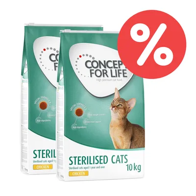 Concept for Life Sterilised Cats, 10 kg, Huhn. Spezielle Formel: Gewichtskontrolle, Unterstützung der Harnwege, hohe Verdaulichkeit. Angebot mit rotem Prozent-Symbol.
