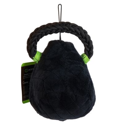 Giocattolo in peluche nero con manico intrecciato e dettagli verdi, marca Hyper Pet Cosmic.