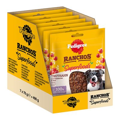 Pedigree Ranchos Superfoods kalkkuna karpaloilla ja riisillä. 100 % luonnollista kalkkunaa, ei lisättyä sokeria, luonnollinen kuidun lähde, superfood-vahvistettu.