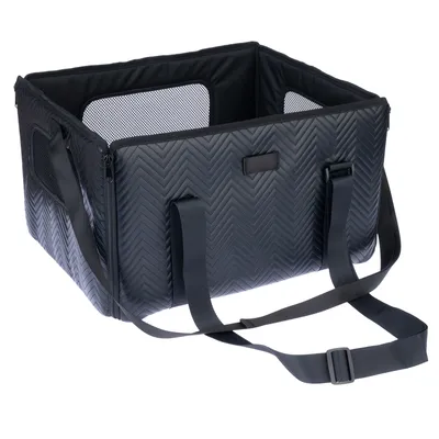 Sac de transport noir avec motif chevron, fenêtres en filet et sangles réglables.