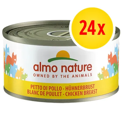 almo nature OWNED BY THE ANIMALS, PETTO DI POLLO • HÜHNERBRUST • BLANC DE POULET • CHICKEN BREAST, verpakking met 24x blikken zichtbaar