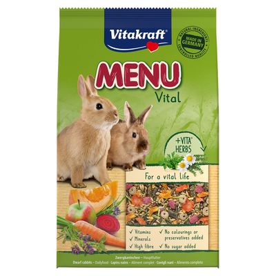 Vitakraft Menu hrană principală pentru iepuri pitici. Fabricat în Germania, ingrediente naturale, fără zahăr, vitamine, minerale, fibre ridicate, +Vita Herbs cu ierburi.
