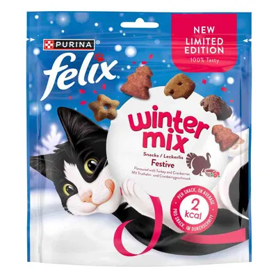 Purina Felix Winter Mix Snacks, Limited Edition, feestelijk met kalkoen- en cranberrysmaak. Gemiddeld 2 kcal per snack.