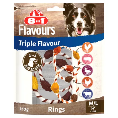 8in1 Flavours Triple Flavour Rings, 120g, pour chiens M/L >10kg. Visuels poulet, porc, canard. Texte visible : 2 in 1 Play & Chew.