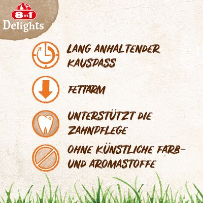 8in1 Delights. Lang anhaltender Kauspass, fettarm, unterstützt die Zahnpflege, ohne künstliche Farb- und Aromastoffe.