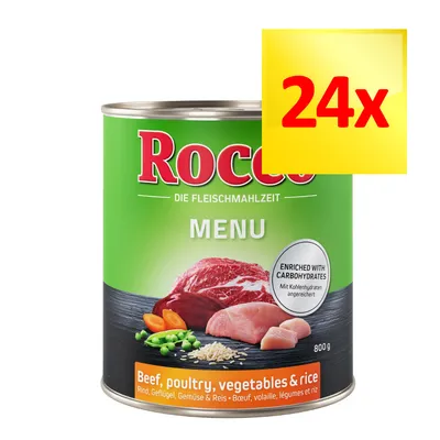 Rocco Menu, 800 g, wołowina, drób, warzywa i ryż. Zestaw 24x. Widoczne kawałki mięsa, groszek, marchew, ryż. Napis: Enriched with carbohydrates.