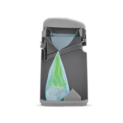 Secção transversal de um recipiente de resíduos cinzento com sistema de sacos integrado. Mostra áreas verde e azul para separação e compactação de lixo.