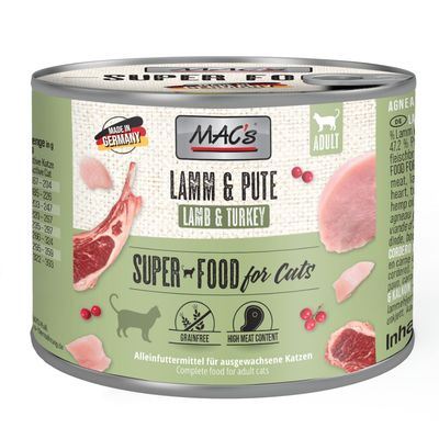 MAC's Superfood pro kočky, drůbež, hovězí a brusinka. 24x200g konzervy. Vyrobeno v Německu, bez obilovin, vysoký podíl masa, bez přidaného cukru, bez testování na zvířatech.