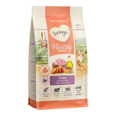 Feringa Vitality Sensitive Adult, Truthahn mit Süsskartoffel, Lachsöl und Leinsamen. Getreidefrei, frischer Truthahn, mit Präbiotika und Probiotika, mit Gemüse. Packungsgrösse: 400g. Feringa Vitality Sensitive Adult, Truthahn mit Süsskartoffel, Lachsöl und Leinsamen. Getreidefrei, frischer Truthahn, mit Präbiotika und Probiotika, mit Gemüse. Packungsgrösse: 400g.