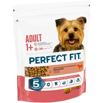 PERFECT FIT Adult 1+, rig på oksekød, god afføringskvalitet, til hunde under 10 kg, Total 5 Formula, understøtter helhedsorienteret sundhed. PERFECT FIT Adult 1+, rig på oksekød, god afføringskvalitet, til hunde under 10 kg, Total 5 Formula, understøtter helhedsorienteret sundhed.