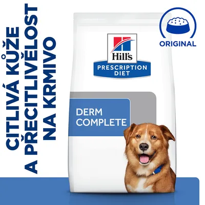 Hill's Prescription Diet Derm Complete, citlivá koža a precitlivenosť na krmivo, ORIGINAL. Balenie krmiva s modrým a bielym dizajnom.