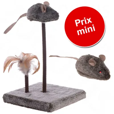 Jouet pour chat avec base carrée en peluche grise, tige verticale avec souris en tissu gris et plumeau, texte visible : Prix mini sur fond rouge.