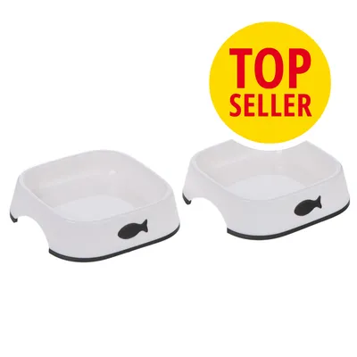 Zwei weiße Futternäpfe mit schwarzem Fischsymbol, gelbes 'Top Seller'-Badge.