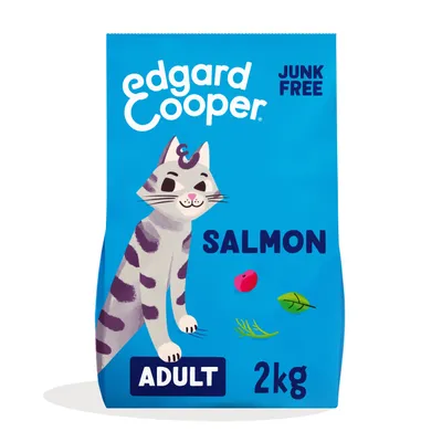 Edgard Cooper kattenvoer, JUNK FREE, SALMON, ADULT, 2 kg. Blauwe verpakking met illustratie van kat en ingrediënten.