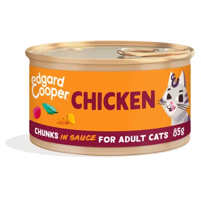 Edgard Cooper CHICKEN, chunks in sauce for adult cats, 85g. Blik met oranje etiket en afbeelding van een kat.