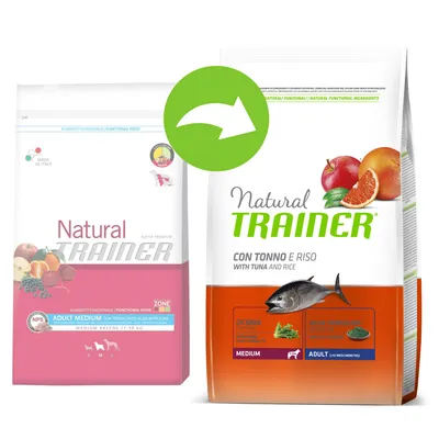 Ambalaj vechi și nou pentru Natural Trainer Con Tonno e Riso, hrană uscată pentru câini adulți de talie medie. Vizibile ingrediente: ton, orez, cicoare, alge spirulină, fructe.