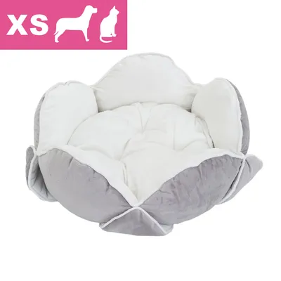 Panier pour animaux taille XS, forme ronde, tissu gris et blanc, pictogrammes chien et chat visibles en haut à gauche. Panier pour animaux taille XS, forme ronde, tissu gris et blanc, pictogrammes chien et chat visibles en haut à gauche.