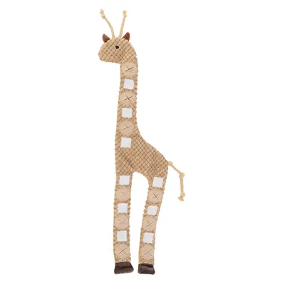 Leksak i form av en giraff av tyg med bruna och vita detaljer, lämplig för husdjur.