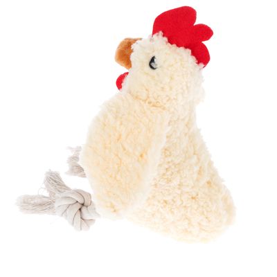 Giocattolo di peluche a forma di gallina con cresta rossa, corpo beige e nodo di corda come coda.