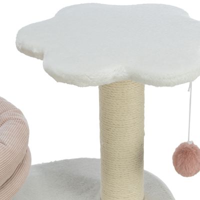 Árvore para gatos com plataforma branca em forma de pata, poste de sisal e bola de pelúcia rosa pendurada por corda.