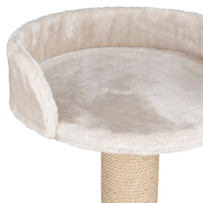 Árbol rascador con cama de felpa beige y poste envuelto en sisal, apto para gatos para descansar y rascar.