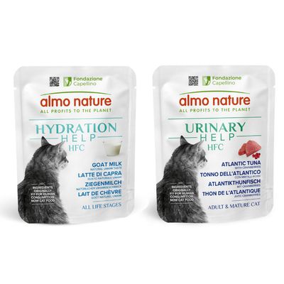 Almo Nature Hydration Help HFC Ziegenmilch, natürliche Umami-Zutaten, geeignet für alle Lebensphasen. Fondazione Capellino, Zutaten ursprünglich für menschlichen Verzehr, jetzt Katzenfutter.