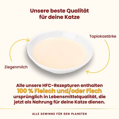 Unsere beste Qualität für deine Katze. Zutaten: Ziegenmilch, Tapiokastärke. HFC-Rezepturen mit 100% Fleisch und/oder Fisch in Lebensmittelqualität als Nahrung für Katzen.