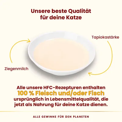 Unsere beste Qualität für deine Katze. Zutaten: Ziegenmilch, Tapiokastärke. HFC-Rezepturen mit 100% Fleisch und/oder Fisch in Lebensmittelqualität als Nahrung für Katzen.