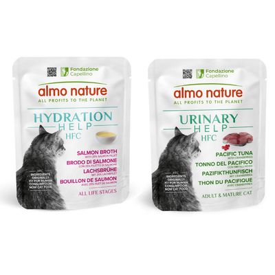 Almo Nature Hydration Help HFC sardines broth with 25% sardines, suitable for all life stages. Ingredients originally fit for human consumption, now cat food.