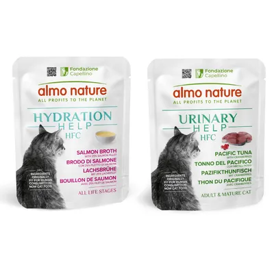 Preț special! 6 pliculețe x 50 g Almo Nature HFC + 40% reducere la 6 pliculețe x 50 g  - Supă de somon cu file de somon + Ton de Pacific cu merișoare