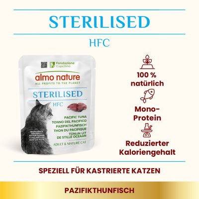 Almo Nature Sterilised HFC Pazifikthunfisch für kastrierte Katzen. 100% natürlich, Mono-Protein, reduzierter Kaloriengehalt. Geeignet für erwachsene und ältere Katzen.